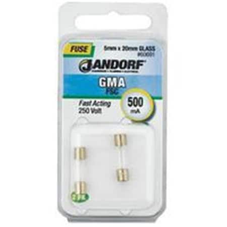 Jandorf Glass Fuse, GMA Series, Fast-Acting, 0.5A, 125V AC 3398542